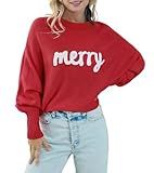 Scgirl Womens Merry Christmas Sweaters Long Batwing Sleeve Sweater Loose Fit Pullover Top Sweaters (L,Red)