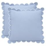 BEBE BASK Scalloped Pillow Cover Set of 2, 18x18, Cotton - Sky Blue/White