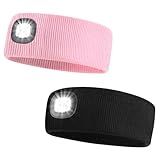SUNPRO 2 Pack Sports Headband with LED Light, Beanie with Light, Unisex Knit Lighted Hat, USB Rechargeable Headlight Cap, Warm Winter Gifts for Men and Women Pinkblack