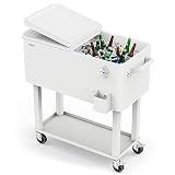 VINGLI 80 Quart Rolling Ice Chest, Portable Patio Party Bar Drink Cooler Cart, with Shelf, Beverage Pool with Bottle Opener (White)