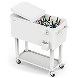 VINGLI 80 Quart Rolling Ice Chest, Portable Patio Party Bar Drink Cooler Cart, with Shelf, Beverage Pool with Bottle Opener (White)