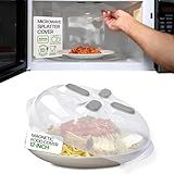 HOVER COVER Magnetic Splatter Cover, 12-Inch Clear BPA-Free Food Lid, Vented Plate Guard with Steam Vents, Anti-Splash Microwave Lid, Dishwasher Safe, Space-Saving Magnetic Storage - Gray
