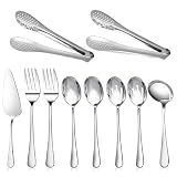 Dualshine 10PCS 18/8 Stainless Steel Serving Utensils Set for Parties, Kitchen Serving Tools-Include Serving Spoons, Slotted Spoons, Serving Forks Tongs Soup Ladle, Cake Pie Server for Buffet, Wedding