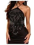OYOANGLE Women's Sequin Sparkly Tie Backless Asymmetrical Halter Tops Black