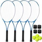 VercanMonth 4 Pack Tennis Rackets for Adults Recreational 4 Players Pre Strung 27 Inch Tennis Racquets Lightweight Rackets Bulk with Balls Overgrips for Training(Blue)