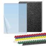 HOUYEE Binding Covers and Combs Set, 8.5x11 Inches, Including 50 Pcs Leather Texture Paper Binding Covers, 50 Pcs 8 Mil Clear PVC Sheets and 20 Pcs Assorted Combs