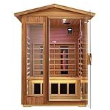 KUNSANA Outdoor Sauna 2 Person, Ceramic Infrared Saunas for Home, Ultra Low EMF Infrared Sauna, Mahogany Wood Home Sauna Room with Bluetooth Speakers, LED Reading Lamps, Chromotherapy Lights