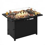 PayLessHere Propane Fire Pit Table, 50,000 BTU CSA-Certified Outdoor Gas Fire Table with Lid, Lava Rock & Glass Wind Guard, Smokeless Patio Firepit for Backyard, Deck & Garden (43 inch)