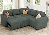 HONBAY Sectional Sleeper Sofa with Pull Out Bed, Corduroy L Shaped Couch with Storage, Modular Sectional Couches for Living Room, Green