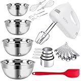 WEPSEN 5-Speed Electric Hand Mixer, 4 Large Mixing Bowls Set, Handheld Mixers with Whisks Beater, Stainless Steel Metal Nesting Bowl Measuring Cups Spoons Kitchen Cake Blender for Baking Supplies