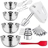 5-Speed Electric Hand Mixer, 4 Large Mixing Bowls Set, Handheld Mixers with Whisks Beater, Stainless Steel Metal Nesting Bowl Measuring Cups Spoons Kitchen Cake Blender for Baking Supplies