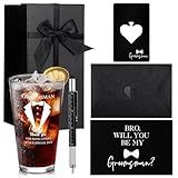 Qinyoung 7 Pcs Groomsmen Gifts Wedding Proposal Gift 16 oz Beer Glass Cup Bottle Cap Opener Socks Multi Tool Ballpoint Pen with Greeting Card Black Envelope Box for Wedding Bachelor Party (Groomsman)