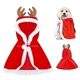 Dog Christmas Cape Velvet, Pet Santa Costume with Elk Antlers Hat Santa Claus Reindeer Outfit Puppy Xmas Hoodie Cloak Dog Clothes for Small Dogs Cat Doggie Cloak