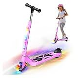Electric Scooter for Kids Age 6-12, 60W Motor, 5Miles Range, 6.2mph, 5.3" Rubber Tires w/RGB Wheel Lights & 7-Color Headlight, 3 Adjustable Height, Anti-Slip Footpad/Handle, Rear Brake(Pink)
