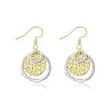 ecozran 925 Sterling Silver & 14k Gold Plated Round Dangle Earrings Hollow Hoop with Hammered Textured Disc Drop Handmade Hook Earrings for Women Elegant Gift Jewelry(A-Gold & silver)