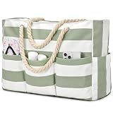 Becokan Beach Bags for Women Canvas Large Beach Tote Bag Zipper Waterproof Sandproof Foldable Swim Pool Bag with 7 Pockets