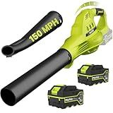 Leaf Blower Cordless with 2X 4.0Ah Batteries and Charger, 60Mins Lasting 150MPH Cordless Blower, Powerful Electric Leaf Blowers for Lawn Care, Patio, Yard, Leaves, Grass and Snow