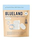 BLUELAND 100% Plastic-Free Dishwasher Detergent Tablets, 60 Count, Free & Clear, Eco-Friendly Dishwashing Pods, Natural, USDA Certified biobased