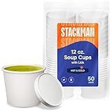 Stack Man [12 oz. - 50 Sets] Paper Food Container with Lid, Insulated Food Cups with Vented Lids - Hot or Cold To Go Soup Cup, for Soups, Ice Cream and Yogurt - Eco-Friendly - White
