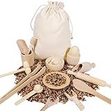 Hiawbon 25PCS Wooden Sensory Bin Tools for Toddlers, Wooden Pretend Play Sensory Tools Set, Montessori Sensory Wooden Toys, Fine Motor Learning Toys for Counting Sorting Hammering Pounding