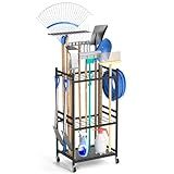 DAOUTIME Garden Organizer With Wheels, Yard Tower Rack for Garage Storage, Up to 35 Long-Handled Tools, Sturdy Metal Steel Holder With 3 Hooks, Outdoor, Black
