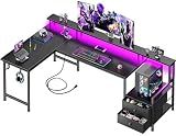 Korfile 66'' L Shaped Gaming Desk with Storage Drawers, Power Outlets, LED