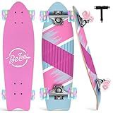 BELEEV Cruiser Skateboards for Beginners, 27 x 8 inch Complete Skateboard for Kids Teens Adults, 7 Ply Canadian Maple Double Kick Deck Concave Skateboard with Skate T-Tool (Light Pink)