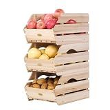 HABAU Wood Potato Onion Storage Bins - Wooden Stackable Produce Basket - Fruit Vegetable Storage for Kitchen Pantry Organization, Set 3 Pieces