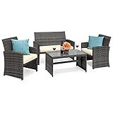 Best Choice Products 4-Piece Outdoor Wicker Patio Conversation Furniture Set for Backyard w/Coffee Table, Seat Cushions - Gray/Cream