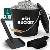 Smedley & York Black Ash Bucket with Lid, Complete Fireplace Tools Set, Includes Pail, Shovel & Broom, 2.15 Gallon Metal Coal Bucket with Accessories, Galvanized Iron Ash-Bucket for Fire Place
