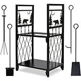 MYFIREPLACEDIRECT Firewood Rack with 4 Fireplace Tools, Fireplace Tool Sets Log Rack Outdoor Heavy-Duty Log Wood Storage Accessory for Indoor Fire Pit Wood Holders with Shovel, Poker, Tongs, Broom
