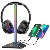 New bee RGB Headphone Stand with 1 USB-C Charging Port and 1 USB Charging Port, Desk Gaming Headset Stand with 7 Light Modes for All Earphone Accessories (Black)
