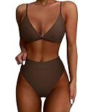 SUUKSESS Women Sexy High Waisted Two Piece Bikini Sets Triangle High Cut Swimsuit Push Up Bathing Suit (Deep Brown, M)