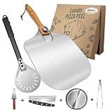 Pizza Peel and Pan Set, 6 Piece Pizza Oven Accessories, 12 Inch Metal Pizza Paddle with Foldable Wooden Handle, 8 Inch Metal Peel, Rocker Cutter, Server, Stainless Steel Plates and Tongs
