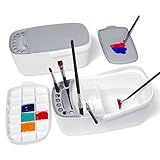 GAMENOTE Paint Brush Cleaner - Paint Brush Holder with Palette and Handle,Rinser for Acrylic, Watercolor, and Water-Based Paints, Painting Art Supply Storage Organizer (White+Grey)