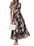 Simplee Women Floral Summer Maxi Dress Boho Flowy Casual Chiffon Short Sleeves V Neck Long Wedding Guest Dresses Black Yellow Floral M