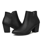 SHIBEVER Womens Ankle Boots Chunky Block Heel Leather Black Booties 8