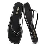 SKETOE Flip Flops for Women Square Toe Flat Sandals for Women Comfortable Thong Sandals Leather Flip Flops Lightweight Summer Beach Sandals Dressy Vacation Essentials Slides, Black