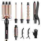 6 in 1 Hair Curling Iron Wand Set PTC Fast Heating Hair Crimper Professional Hair Styling Tools LCD Temp Control with Hair Straightener, Ceramic 3 Barrel Hair Waver Surprise Gift for Women Girl