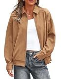 PRETTYGARDEN Faux Suede Bomber Jacket Women Fall Fashion 2026 Casual Zip Up Oversized Trendy Winter Clothing Outerwear Coats (Khaki,Medium)