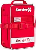 SurviveX Large First Aid Kit, Emergency Kit for 3-4 People | Labeled Pockets, Zip Stitch Wound Closures, Mountable, Quick Access, For Home, Car, Camping