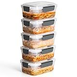 YORY 5 cup Plastic Food Storage Containers with Lids Nestable Freezer Dishwasher Safe Rectangle Meal Prep Container Set,5-Pack