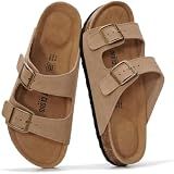 Project Cloud 100% Genuine Leather Flat Sandals For Women 2026 Cork Footbed Womens Sandals with Memory Foam and arch support Vacation Essentials Slides for Women Footwear (Venita, Chestnut, 8)