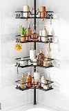 HAMITOR Corner Shower Caddy Tension Pole: 4-Tier Adjustable Shelf Black | Heavy Duty Rustproof L-Shaped Shelves- No Drilling Space-Saving Storage Rack for Family & Renters- 47.72-123.6 inch