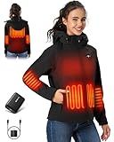 WASOTO Heated Jackets for Women 18400 mAh Battery Pack Water-Resistant Slim Fit with Detachable Hood Softshell Jackets(Black,M)