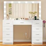 Quimoo Vanity Desk with Glass Top & Large Lights Mirror, 3 Adjustable Lighting Color, 46" Makeup Vanity Desk with 9 Drawers and 12 LED Lights, Vanity Table, Dressing Table for Bedroom(White)