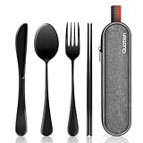 Travel Utensils with Case, Quatish Portable Silverware Set for Work, Stainless Steel Reusable Travel Cutlery Set, Fork and Spoon Set for Camping, Picnic, Gadgets, Lunch Box for Men, Black