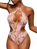 ChiaoLezhee Women's Metallic Snakeskin Monokini, Crisscross Halter Cutout One Piece Swimsuit, Sexy Rave Festival Bodysuit, Cheeky High Cut Flattering Summer Beach Pool Outfits,Light Pink & Gold,M