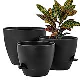 FaithLand 3-Pack Large Planter Pots, 12 10 9 Inch Self Watering Flower Pots for Indoor Outdoor Garden Plants, Black