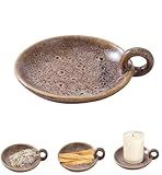 1pack Vintage Ceramic Candle Holders with Handle, Round Farmhouse Ceramic Plate Tray,Sage Holder for Burning,Incense Holder for Meditation Room Home Decor (Khaki)